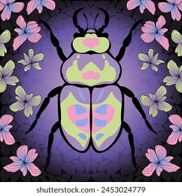 big beetle with flowers on violet background, square composition eps vector illustration
