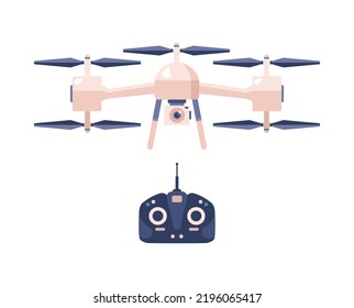 Big beige drone with five propellers and camera for making photo and video flat style, vector illustration isolated on white background. Tool for remote control, modern device, technologies