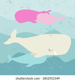 Big beige whale swims among pink and blue whales on wavy background smiling.