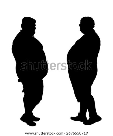 Big belly fat boys talking vector silhouette illustration isolated on background. Big fat man against overweight friend. Health care occupation, conversation about loosing weight and successful diet.