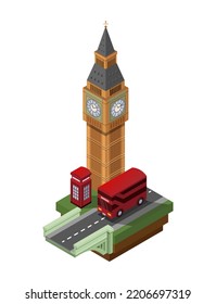 Big Ben building with Telephone box and Double Decker Bus famous landmark at London, England  illustration isometric vector