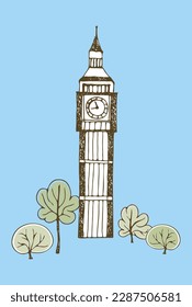 big ben cartoon style with trees