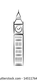 Big Ben in the City of London, England, UK. Minimalist vector illustration, doodle of the iconic clock tower. Linear black drawing on plain white background for tourist merchandise, promo, leaflets