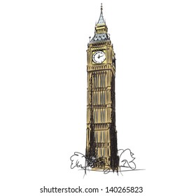 Big Ben - the Clock Tower of the Houses of Parliament, London - colored vector illustration