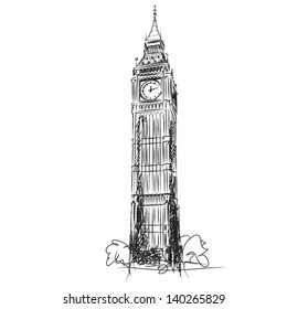 Big Ben - the Clock Tower of the Houses of Parliament, London - vector lineart illustration