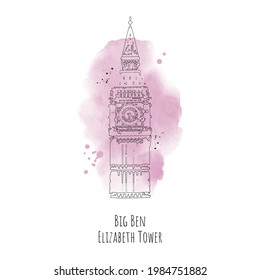 Big Ben - the Clock Tower of the Houses of Parliament, London - vector lineart illustration