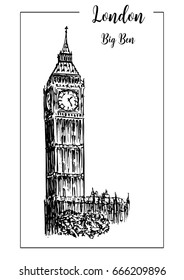 Big Ben or clock tower. London symbol. Beautiful hand drawn vector sketch illustration.