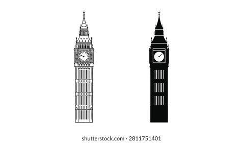 Big Ben Clock Tower Silhouette Black And White Graphic Representation Silhouette