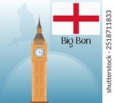 Big Ben Clock Tower Vector Illustration Clipart, World Famous Places Art, The Leading Symbol of the United Kingdom, England Map and Flag Vector Art