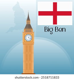 Clipart de la Ilustración vectorial de la Torre del Reloj Big Ben, Lugares de fama mundial Arte, El símbolo principal del Reino Unido, Inglaterra Mapa y Arte vectorial de la bandera