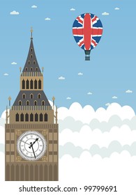 big ben in the clouds with union jack hot air balloon