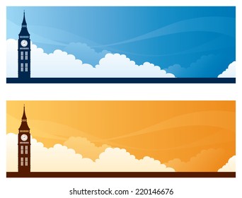 Big Ben day and sunset sky banners with copy space.