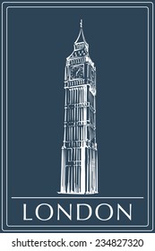 Big Ben drawn in a simple sketch style. Isolated contour on a dark blue background. EPS8 vector illustration.