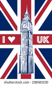 Big Ben drawn in a simple sketch style on the Union Jack - national flag of the UK. EPS8 vector illustration.