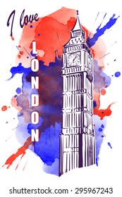 Big Ben drawn in a simple sketch style. Isolated contour on watercolor spot. EPS10 vector illustration.