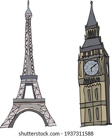 Big Ben and the Eiffel Tower. Paris and London sightseeing