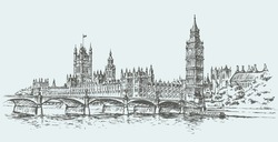 Big Ben In Elizabeth Steeple, Old Great Bell At Westminster Abbey Palace. Vector Freehand Ink Drawn Background Sketch In Art Doodle Retro Style Pen On Paper. Panoramic View With Space For Text On Sky
