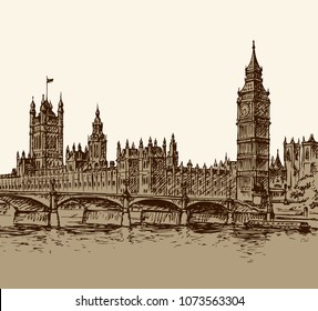 Big Ben in Elizabeth Steeple, old Great Bell at Westminster abbey Palace. Vector freehand ink drawn background sketch in art doodle retro style pen on paper. Panoramic view with space for text on sky