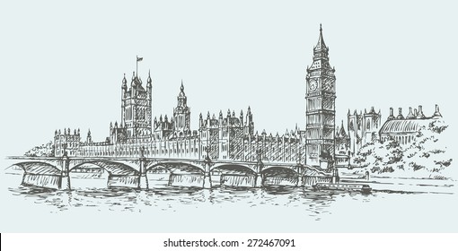 Big Ben in Elizabeth Steeple, old Great Bell at Westminster abbey Palace. Vector freehand ink drawn background sketch in art doodle retro style pen on paper. Panoramic view with space for text on sky