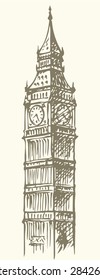 Big Ben in Elizabeth Steeple, old Great Bell at Westminster abbey Palace. Vector freehand ink drawn background sketch in art doodle retro style pen on paper. Panoramic view with space for text on sky