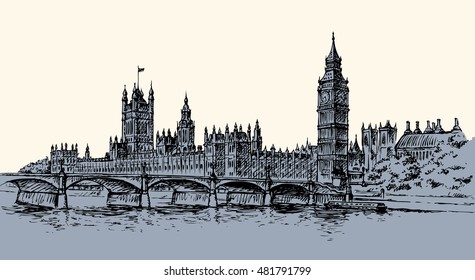 Big Ben in Elizabeth Steeple, old Great Bell at Westminster abbey Palace. Freehand ink hand drawn background sketch in art doodle retro style pen on paper. Panoramic view with space for text on sky