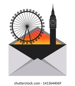 Big ben and Ferris wheel in envelope, London travel concept