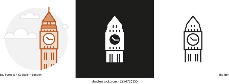 Big Ben filled outline and glyph icon. Landmark building of London, the capital city of the United Kingdom.
