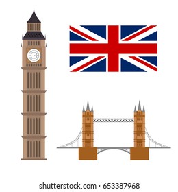 Big Ben with flag and famous bridge. London concept isolated