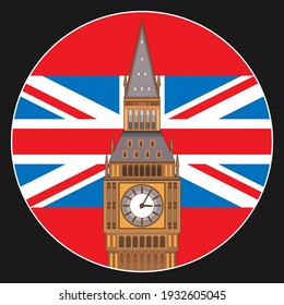 Big Ben and the flag of the United Kingdom. Stylized image of the Tower of Elizabeth. Round sign, icon, emblem, symbol. Vector illustration svg
