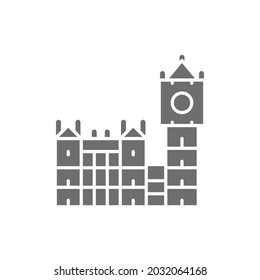 Big Ben, historic building with clock in London, England grey icon.