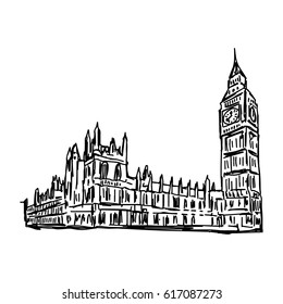 Big Ben And House Of Parliament - Vector Illustration Sketch Hand Drawn Isolated On White Background