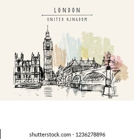 Big Ben, Houses of Parliament, river Themes and Westminster bridge in London, England, United Kingdom. Travel sketch. Vintage hand drawn postcard, poster, book illustration. Vector artwork