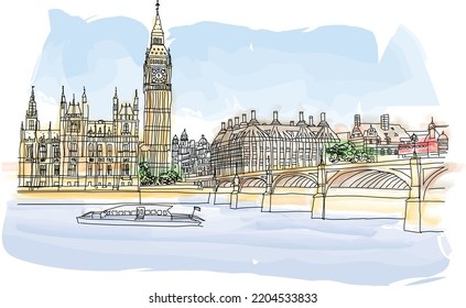 The Big Ben, the Houses of Parliament and Westminster bridge in London in a beautiful summer day, England, United Kingdom