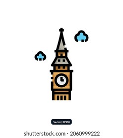 Big ben icon. Travel landmarks and destinations icons. Vector icon set representing global tourist landmarks and travel destinations for vacations.