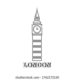 Big ben isolaten on white. Outline icon. Hand drawing line art. Sketch vector stock illustration. EPS 10