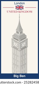 Ilustração isométrica Big Ben feita com textura pontilhada, técnica de pontilhismo. Cartaz vetorial