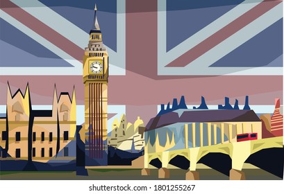 a big ben landscape vector illustration with london cityscape and united kingdom flag at the background, good for wallpaper