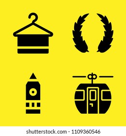 big ben, laurel, cable car cabin and hanger vector icon set. Sample icons set for web and graphic design