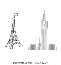 Big Ben logo and Eiffel Tower sign on the white background hand drawing