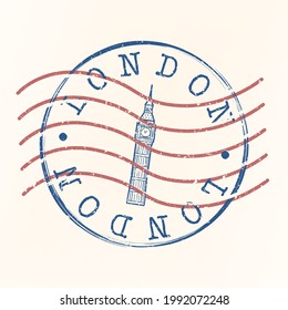 Big Ben, London, England Stamp Postal. Silhouette Seal. Flag Passport Round Design. Vector Icon. Design Retro Travel. National Symbol.