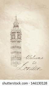 Big Ben, London, England, UK.  Hand Drawn Illustration. Vector vintage welcome card.