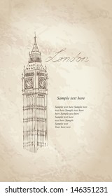 Big Ben, London, England, UK. Hand Drawn Illustration. Vector vintage background. 