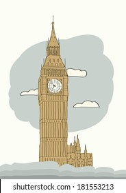 Big Ben, London, England, UK. Hand Drawn Illustration. Vector illustration. Business travel and tourism concept with historic buildings. Image for presentation, banner, placard and web site.