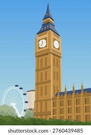 Big Ben and London Eye Flat Illustration – London Landmark Cityscape