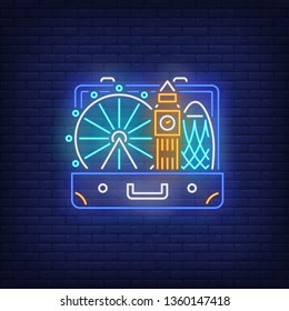 Big Ben, London Eye In Open Suitcase Neon Sign. Tourism, Vacation, Travel Design. Night Bright Neon Sign, Colorful Billboard, Light Banner. Vector Illustration In Neon Style.