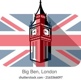 Big Ben, London, landmark flat icon design, background is British flag