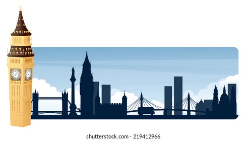 Big Ben with London landmark silhouette banner.