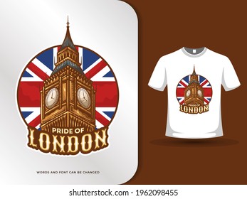 Big Ben London Wahrzeichen und Flagge des Vereinigten Königreichs. Vektorgrafik mit Texteffekt und T-Shirt-Design-Vorlage