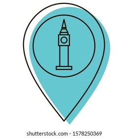 Big Ben in London on the map. Location for tourism. Historical memory. Famous place. Navigation in the city. Design element. Vector illustration. Icon with shadow isolated on white background.