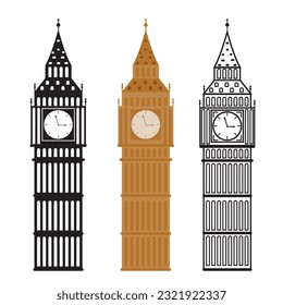 Gran ben London set, estilo, dibujos animados, contorno, esténcil, ilustración vectorial aislada